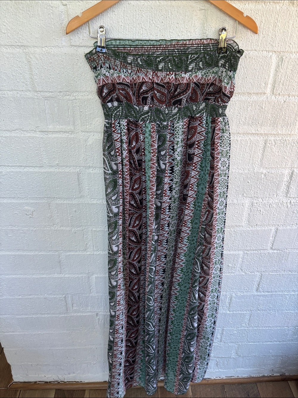 Karis Boho Strapless Maxi Tube Top Dress in Green and Brown sz M - Picture 5 of 7